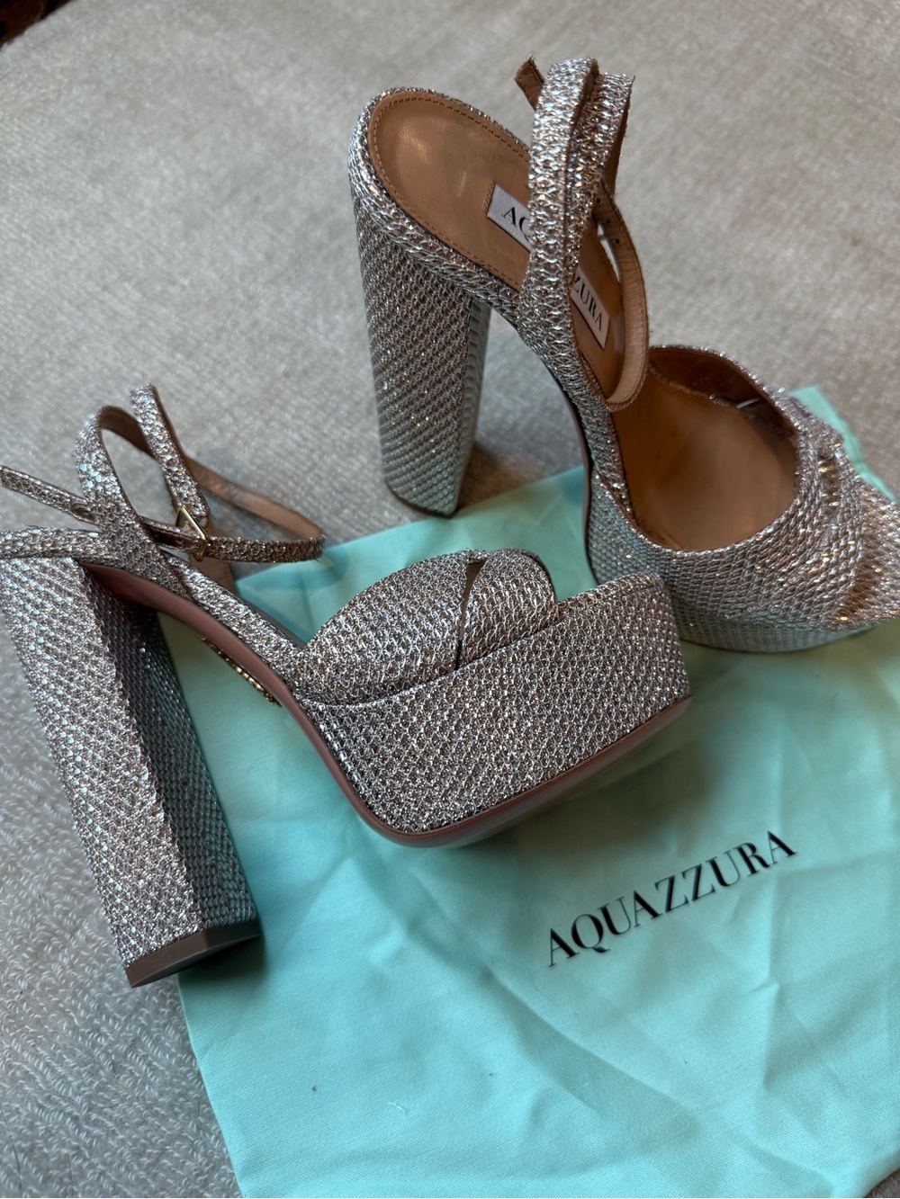 Aquazzura Silver Crystal Mesh Platform Slingback Heels - Picture 3 of 4